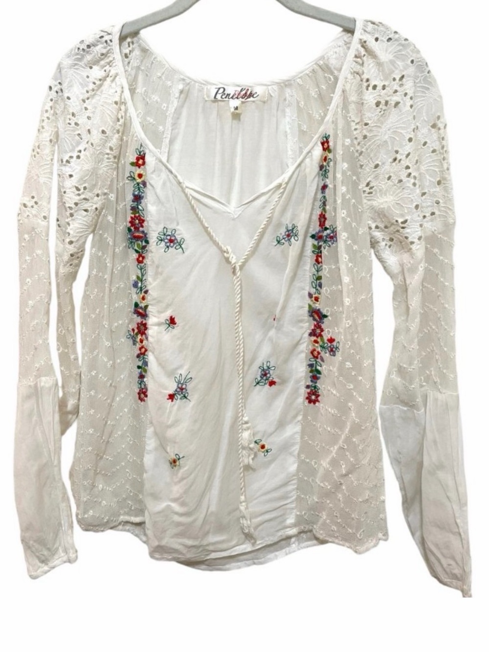 Johnny Was Type Top PENELOPE Eyelet Embroidery Floral White Red Blue Size Mediu